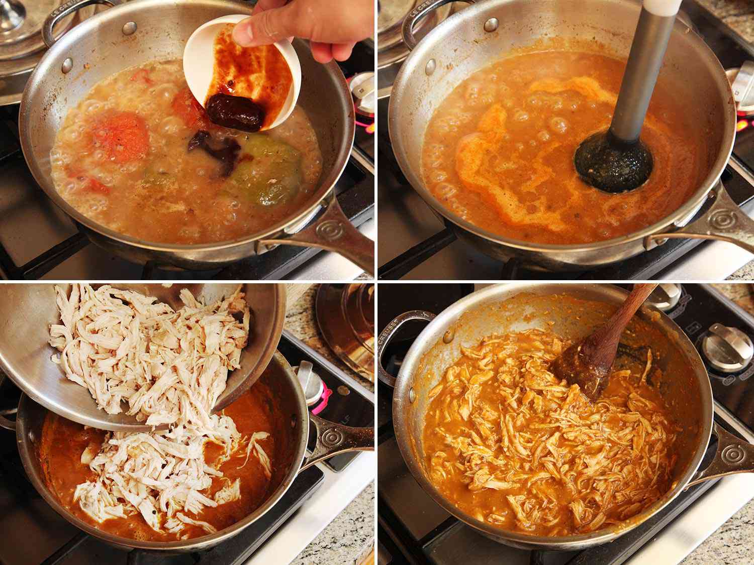 A collage of four photos showing adding chipotles to the pan, blending the sauce with an immersion blender, adding shredded chicken to the blended sauce, and stirring the sauce and chicken. 