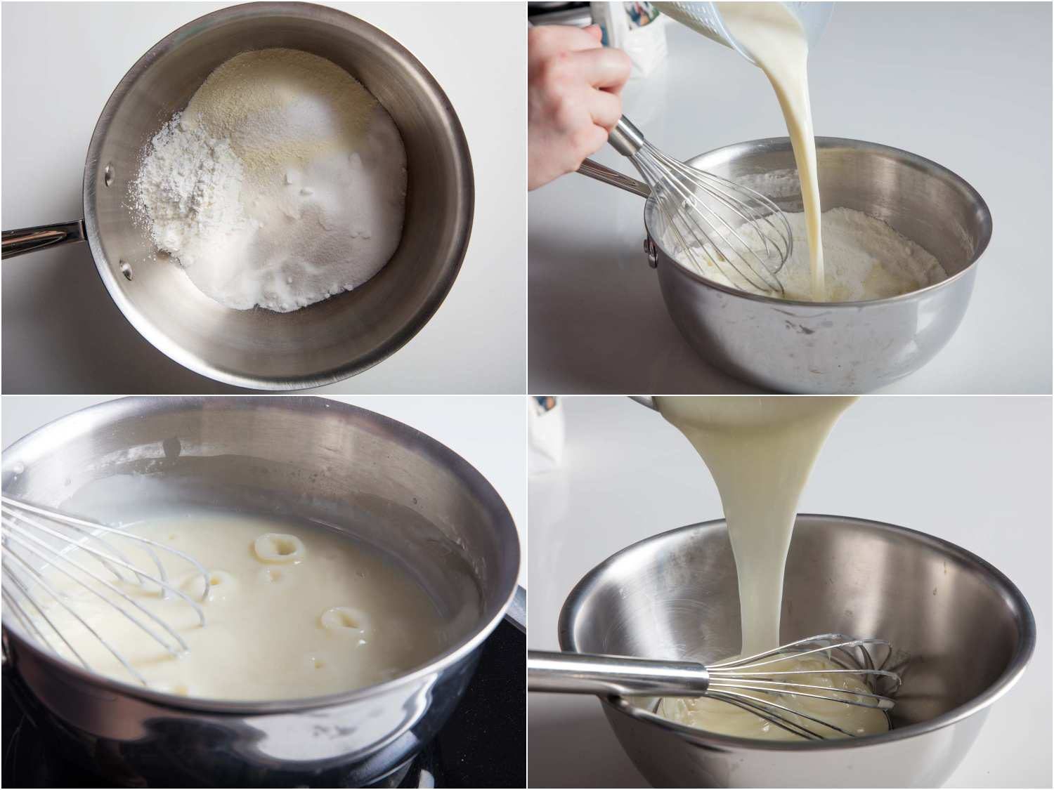 A four-image collage showing combining sugar, milk powder, cornstarch, and salt in a saucepan; adding milk to the mixture; cooking until the mixture boils; and transferring the milk mixture to a bowl.
