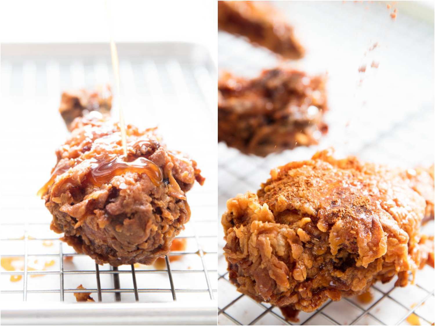 Collage of fried chicken on a wire rack, being drizzled with caramelized honey and being sprinkled with spice dust