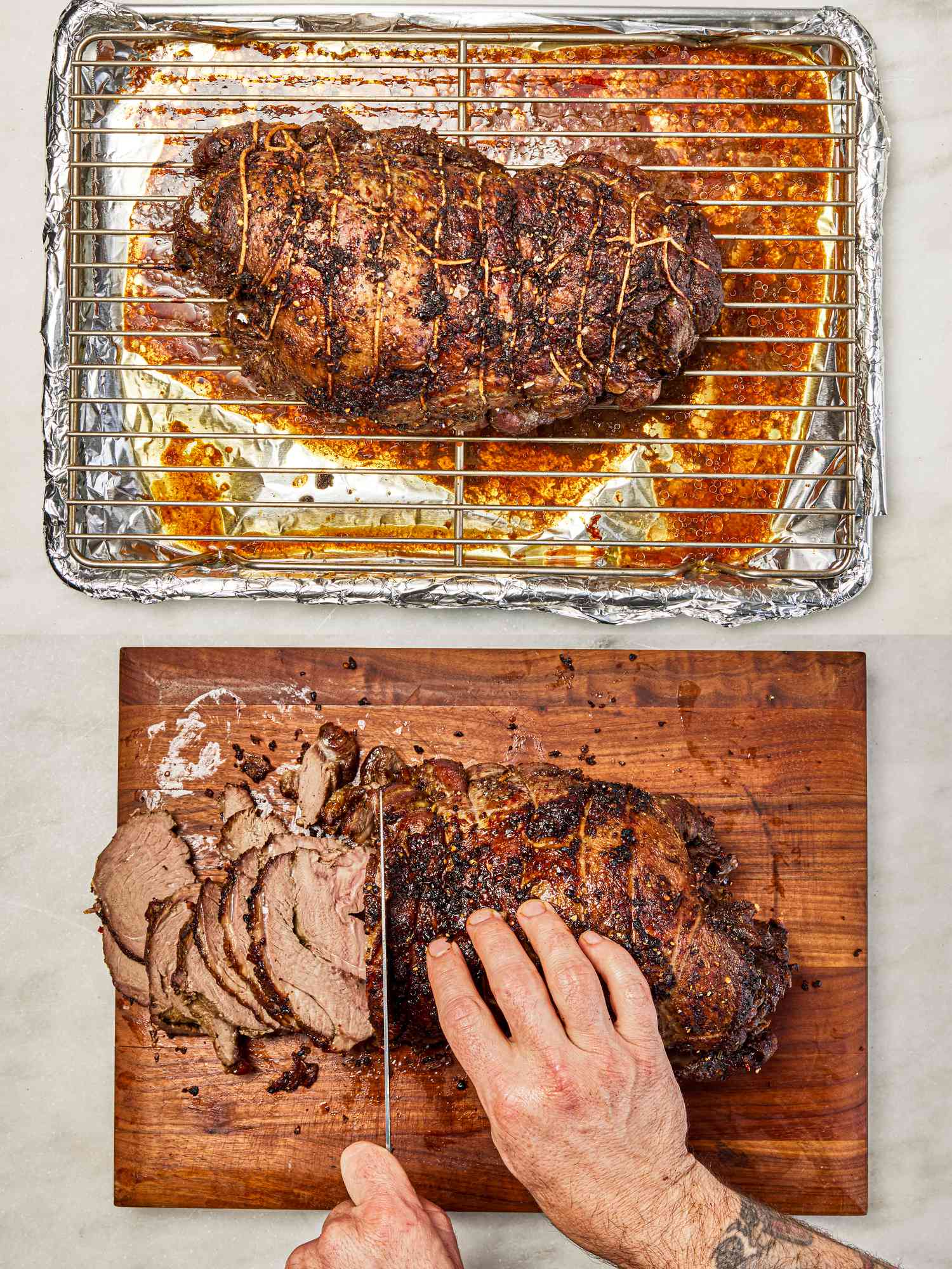 Two image collage of lamb leg resting and slicing it