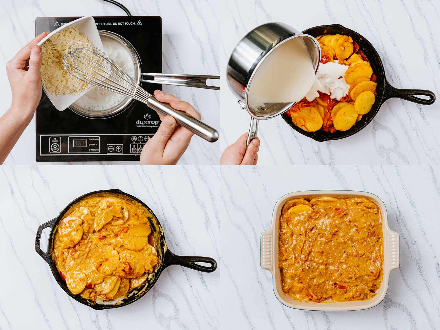 Four image collage of making cheese mixture and adding to potato mixtures