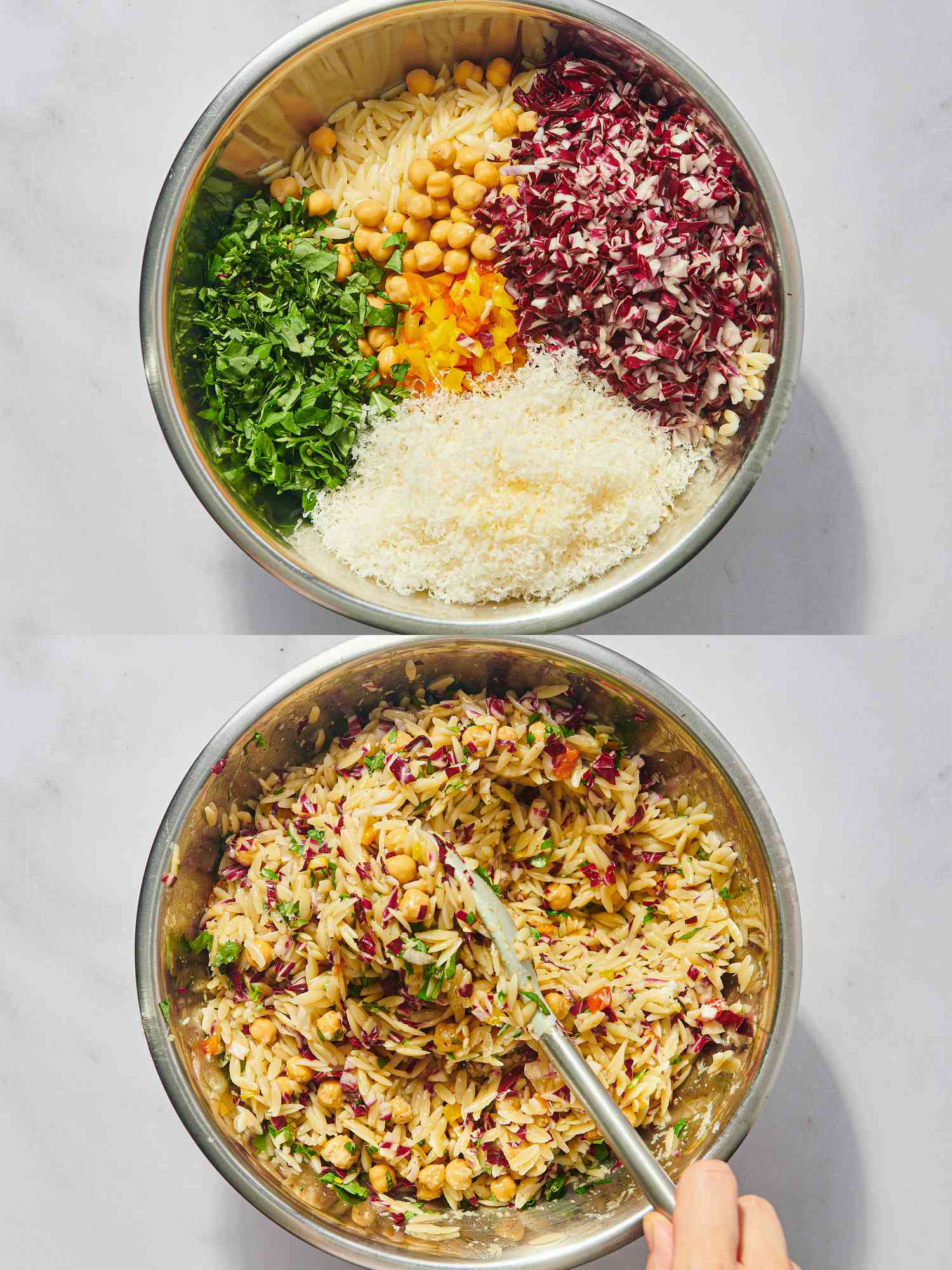 Two image collage. Top: ingredients in a bowl. Bottom: Ingredients after mixing