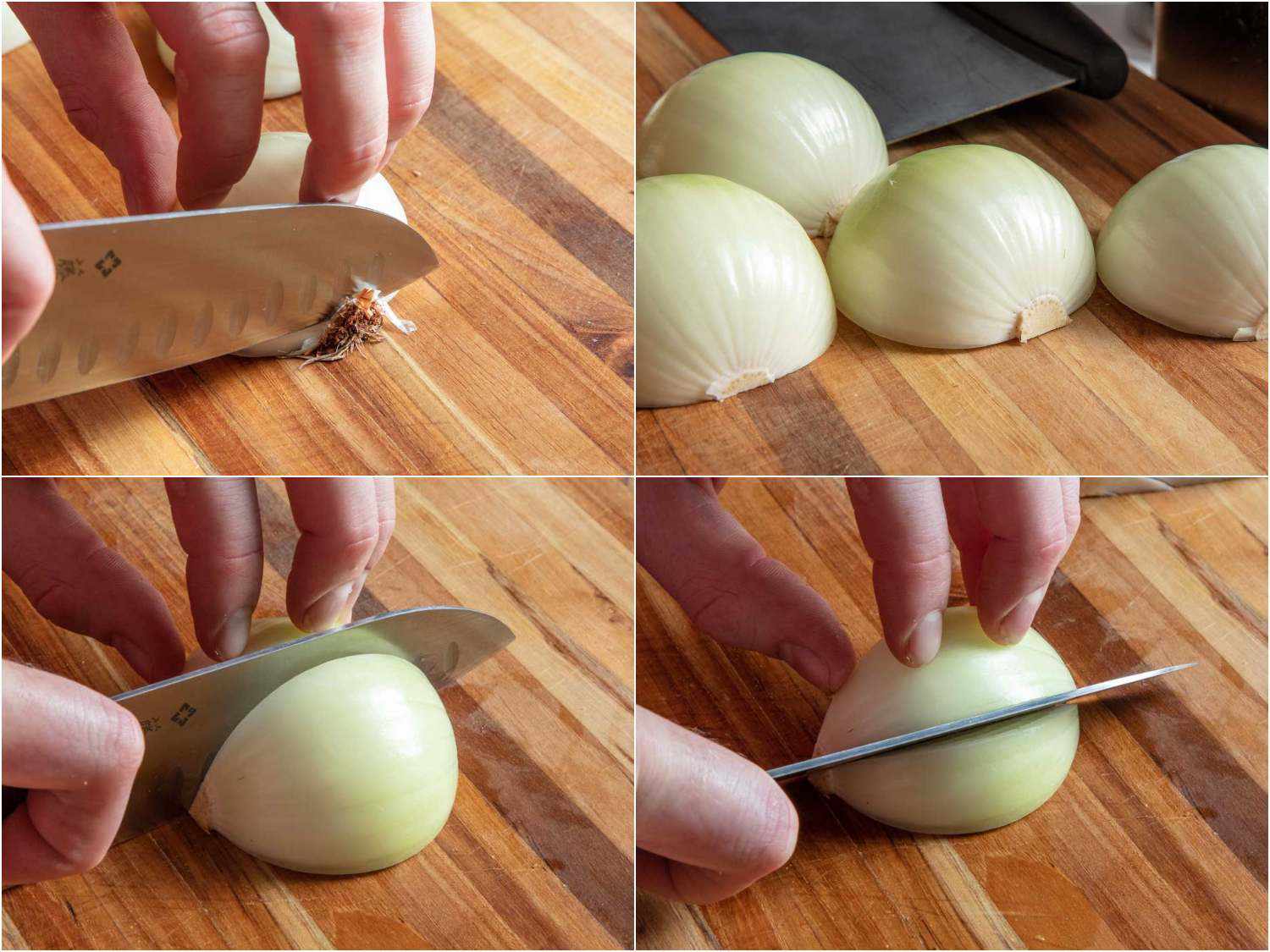 A collage of trimming two onions' end, half and cut them into 16 wedges in total. 