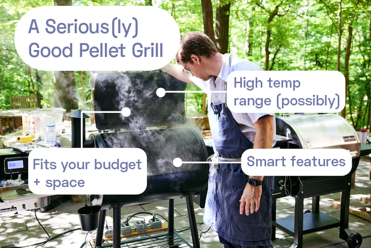 A person opening up the lid of a pellet grill.