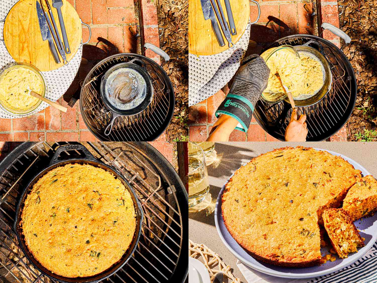 Four image collage of cornbread baking on grill