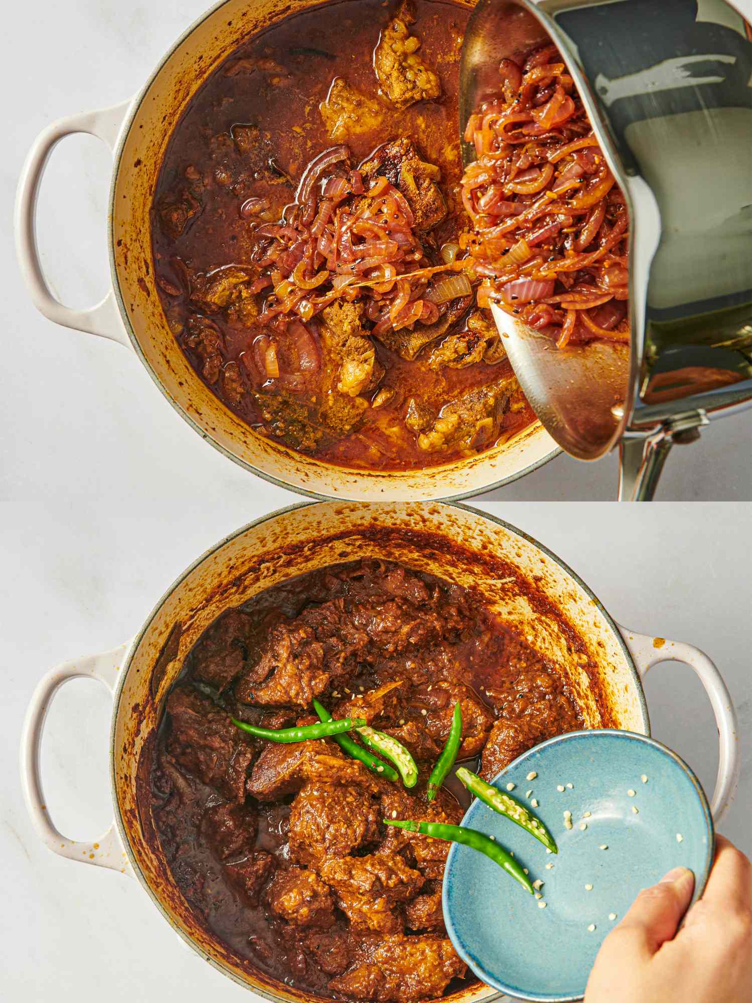 Cooking Kala Bhuna adding sauted onions and later garnishing with green chilies in a pan