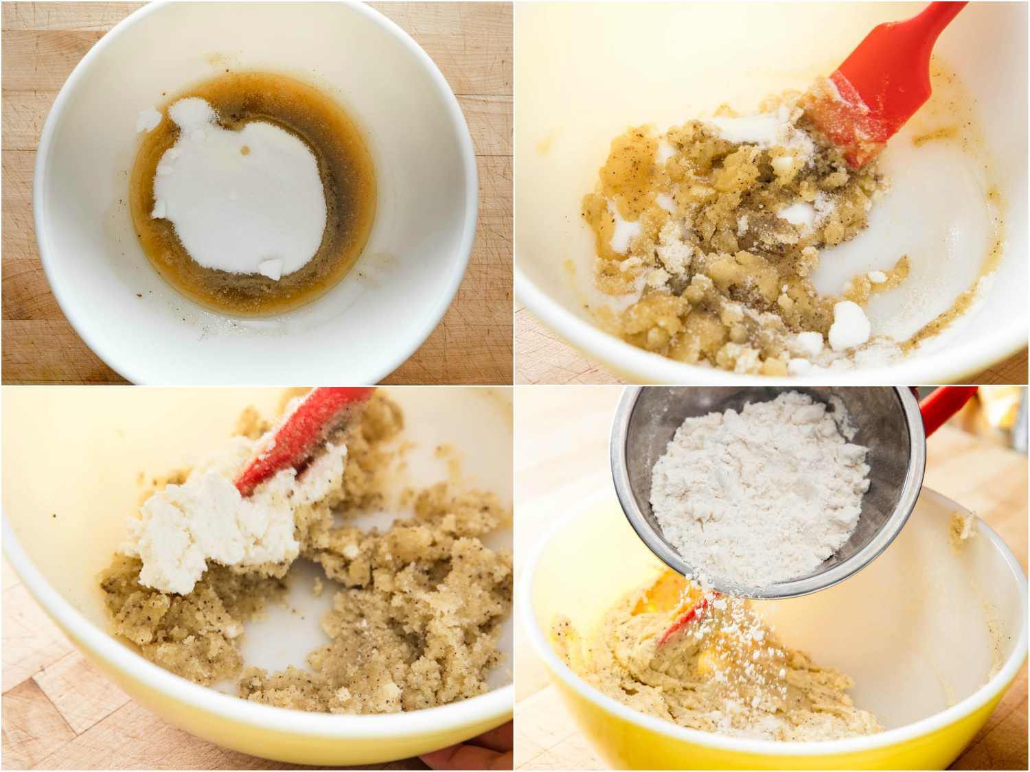 Collage of photos illustrating steps for mixing ricotta-brown butter cookie dough. Clockwise from top left: Browned butter, sugar, vanilla extract, and baking soda in a bowl; sugar-brown butter mixture being mixed; flour being added to ricotta/brown butter/sugar mixture; ricotta being folded into brown butter-sugar mixture.