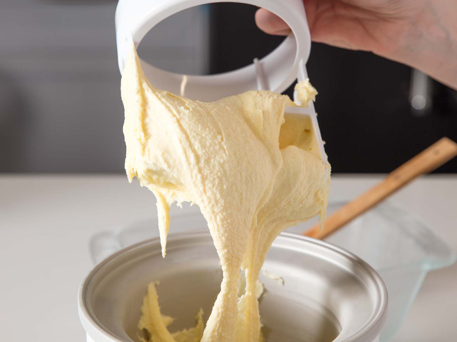 Close up view of fluffy, freshly churned pineapple ice cream