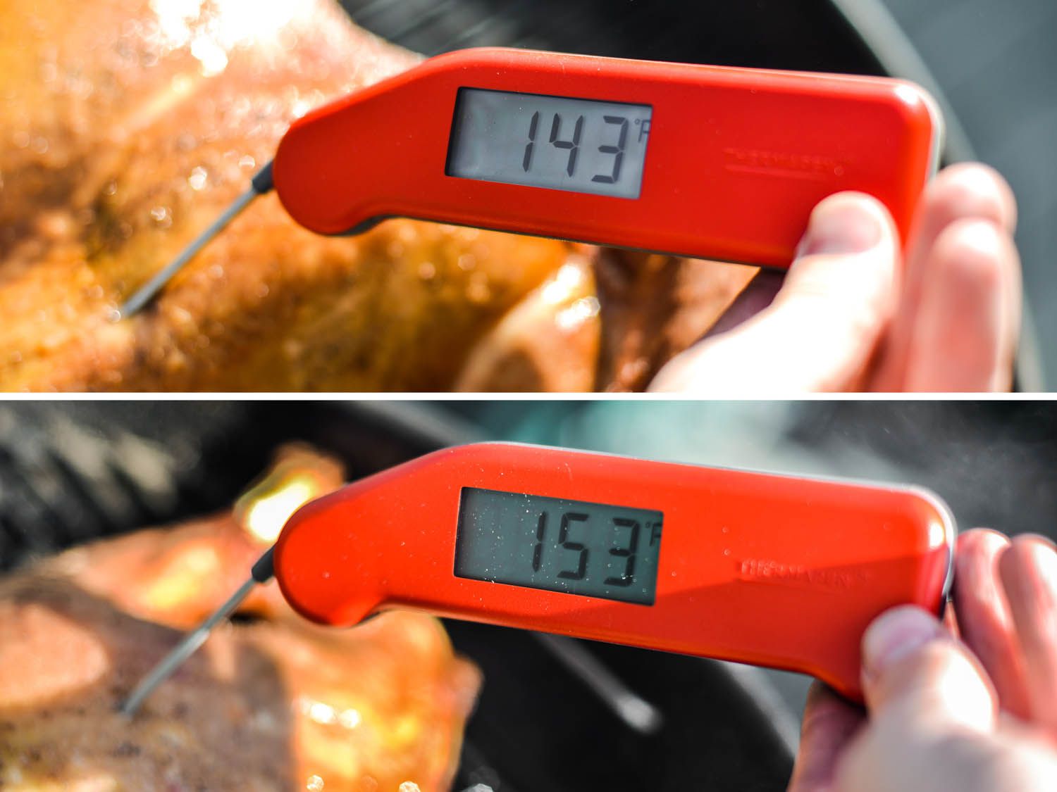 A collage showing an instant read thermometer placed in the thigh and the breast, with the thighs nearer to the coals registering 143 degrees Farenheit, the breast at 153 degrees Farenheit. 