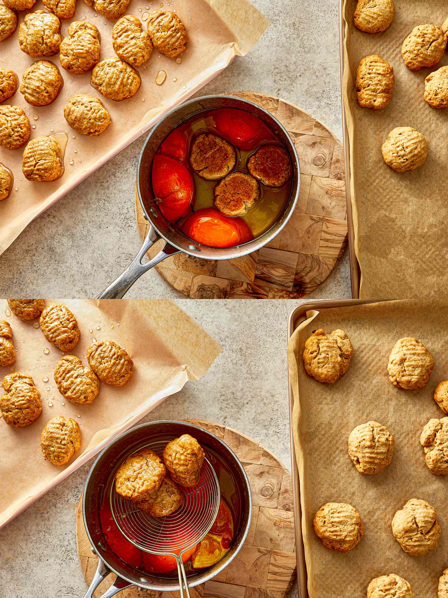 Melomakaronas shown being cooked in syrup arranged on baking sheets