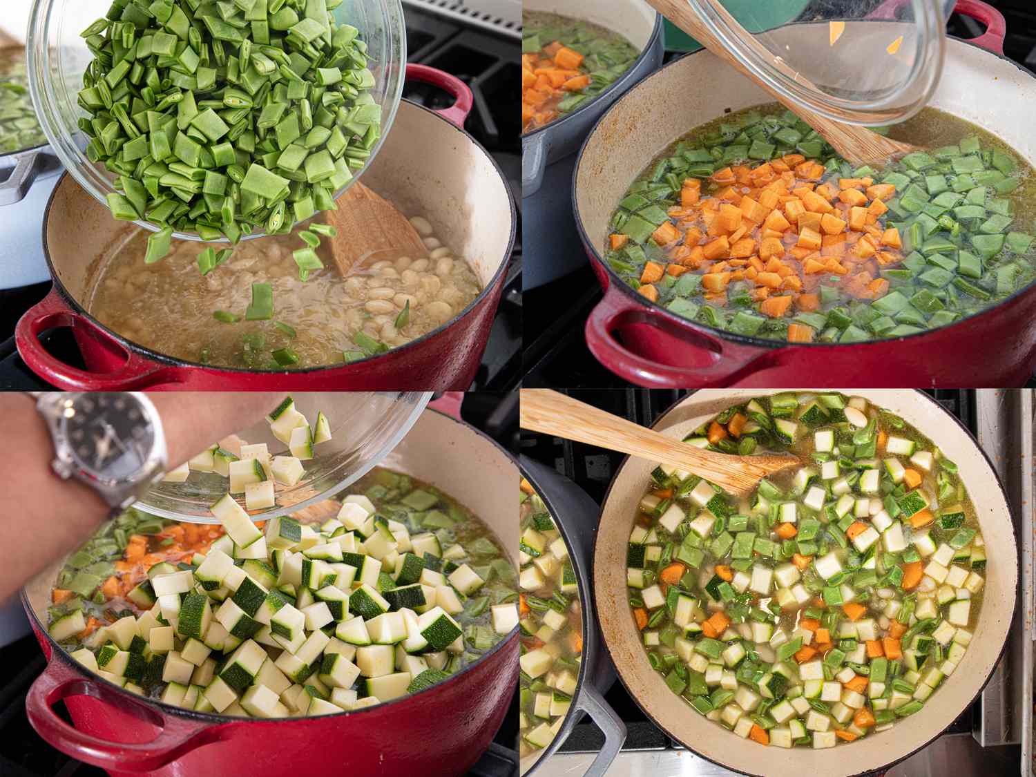 Collage of a vegetable soup preparation process in a red pot showing different stages of ingredients being added and stirred