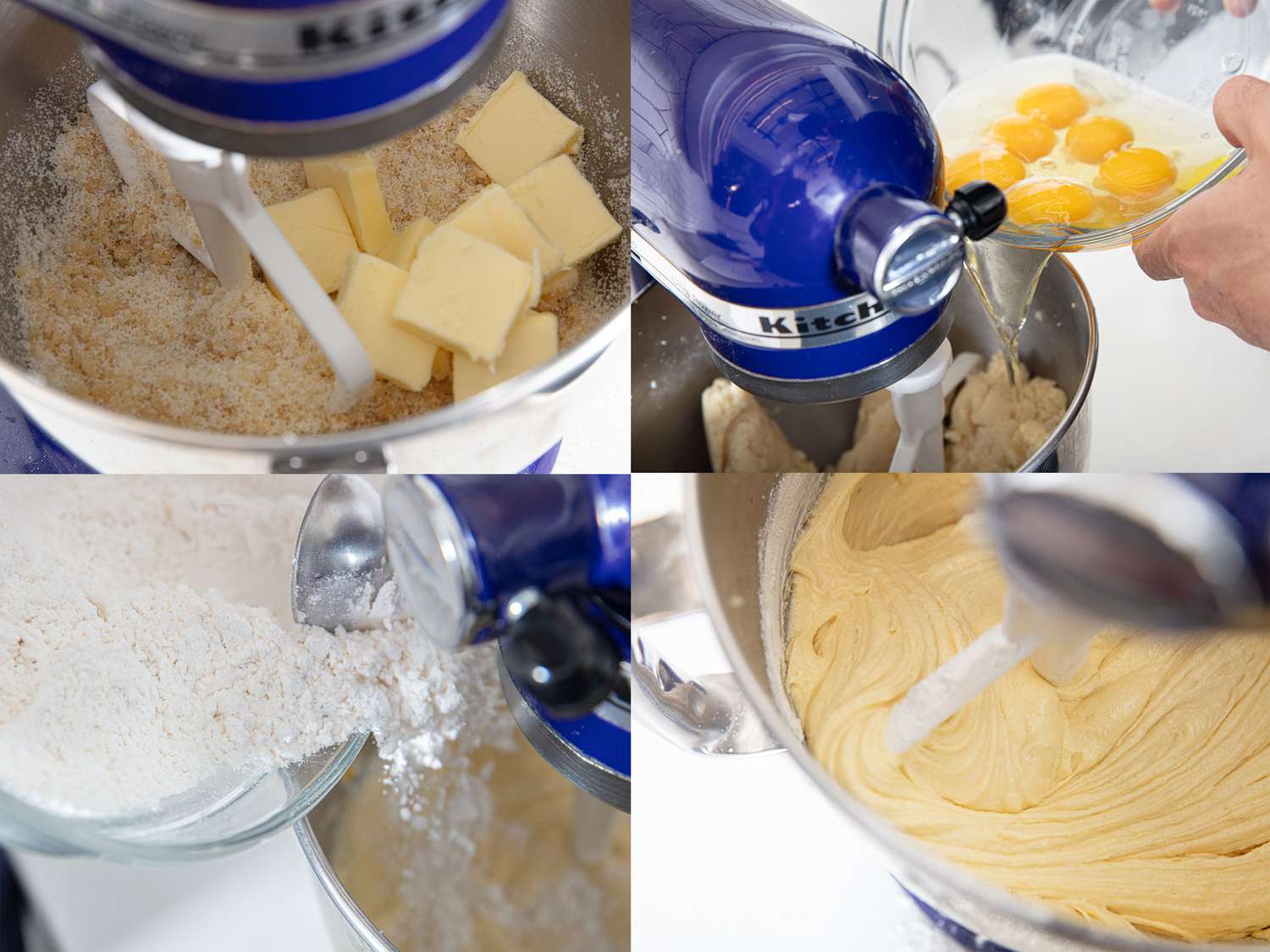 Four image collage of mixing cake batter