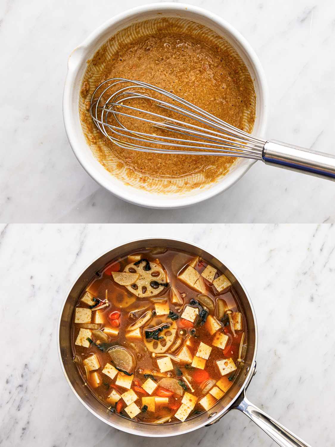 Two image collage of miso and natto mixed together and then added to vegetables in pot