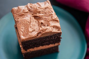 Chocolate cake frosted with eggless chocolate frosting.