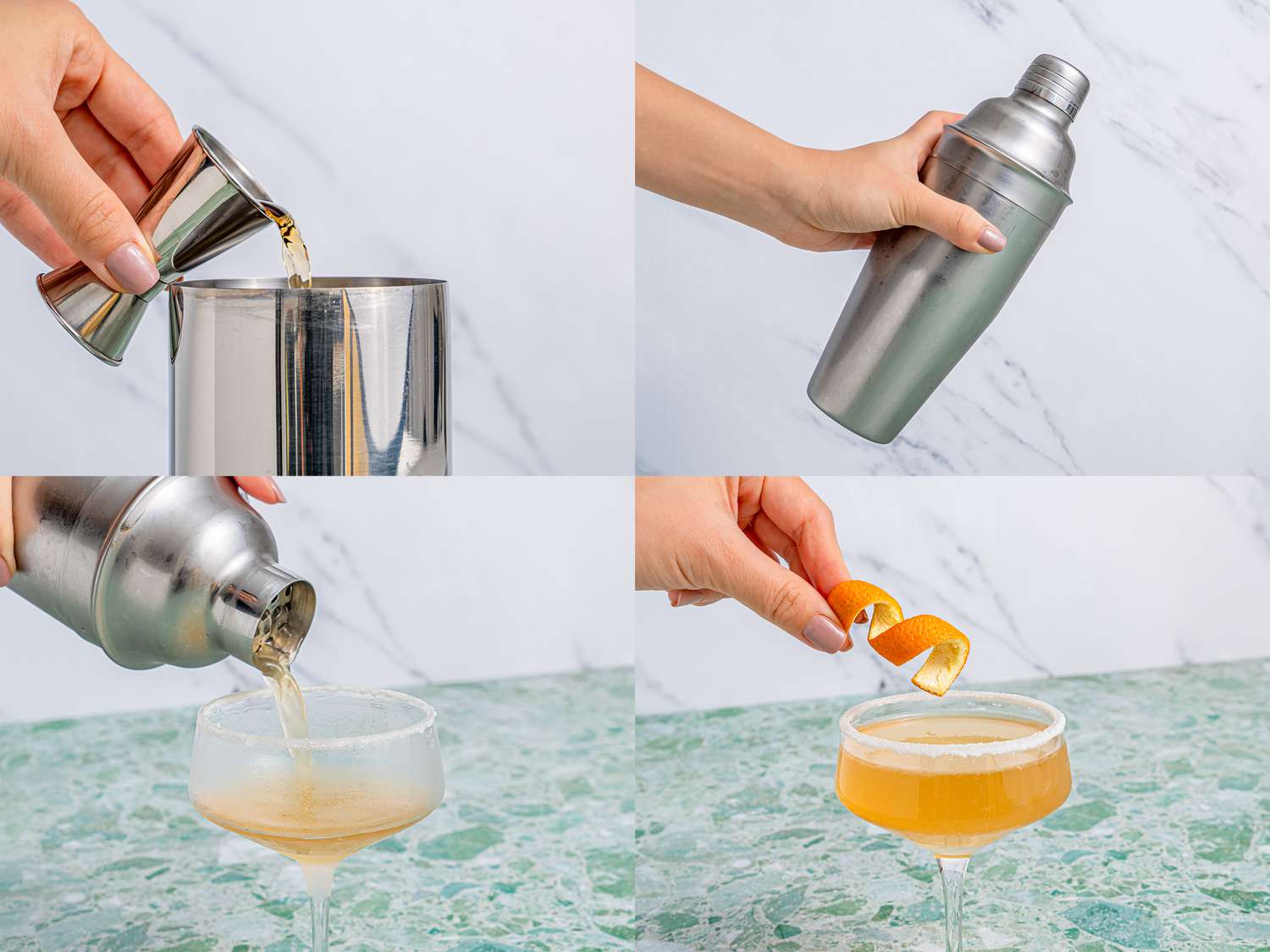 Four photos showing how to make a sidecar cocktail. The first photo shows brandy being poured into a cocktail shaker. The second photo shows a hand shaking a cocktail shaker. The four photo shows the cocktail being poured into a sugar-rimmed glass. The fourth and final photo shows a hand adding an orange peel to the cocktail.
