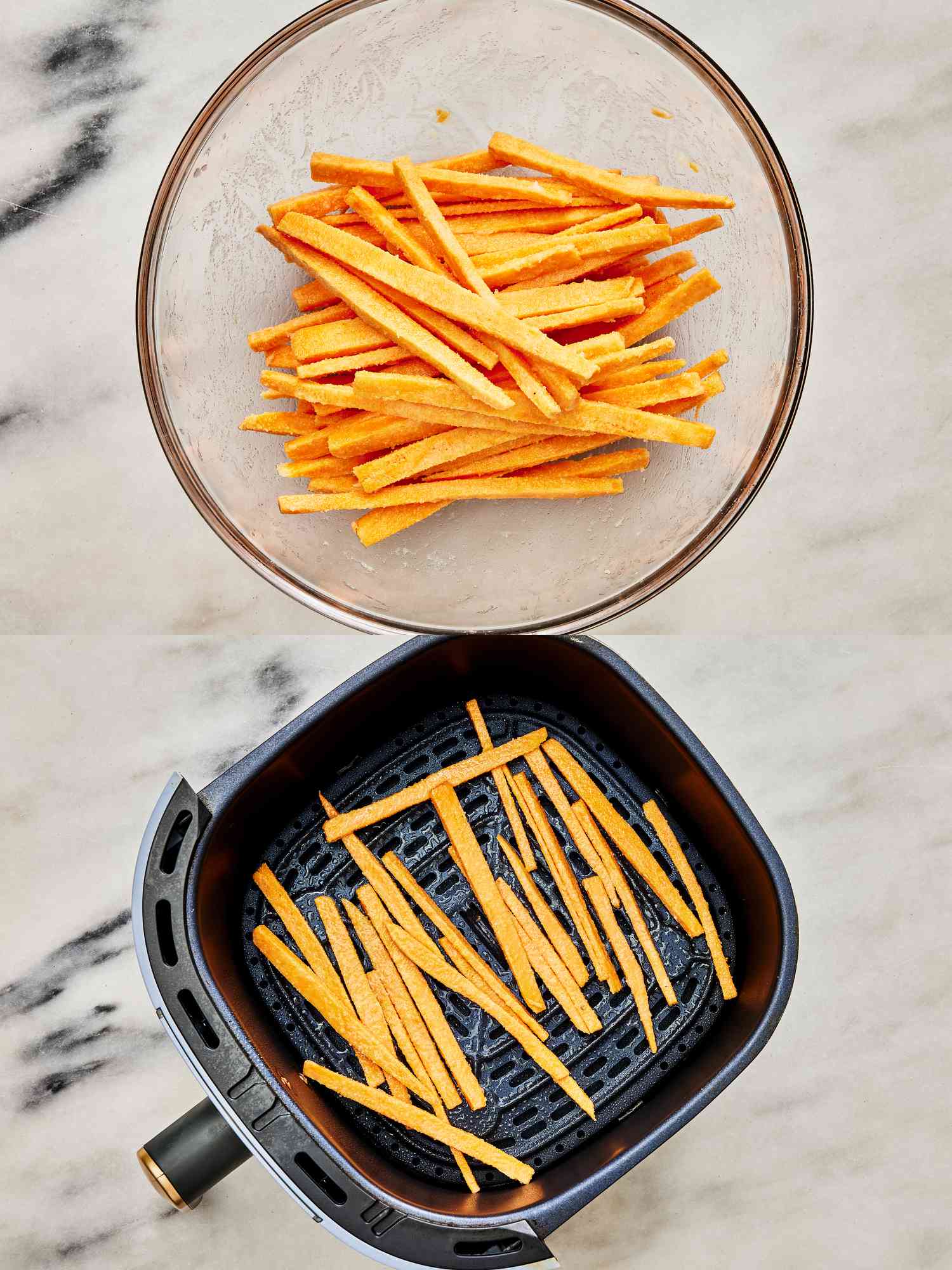 2 image collage. Top: Glass bowl with sliced sweet potatoes tossed and coated evenly. Bottom: Air fryer basket with sweet potatoes, coated evenly