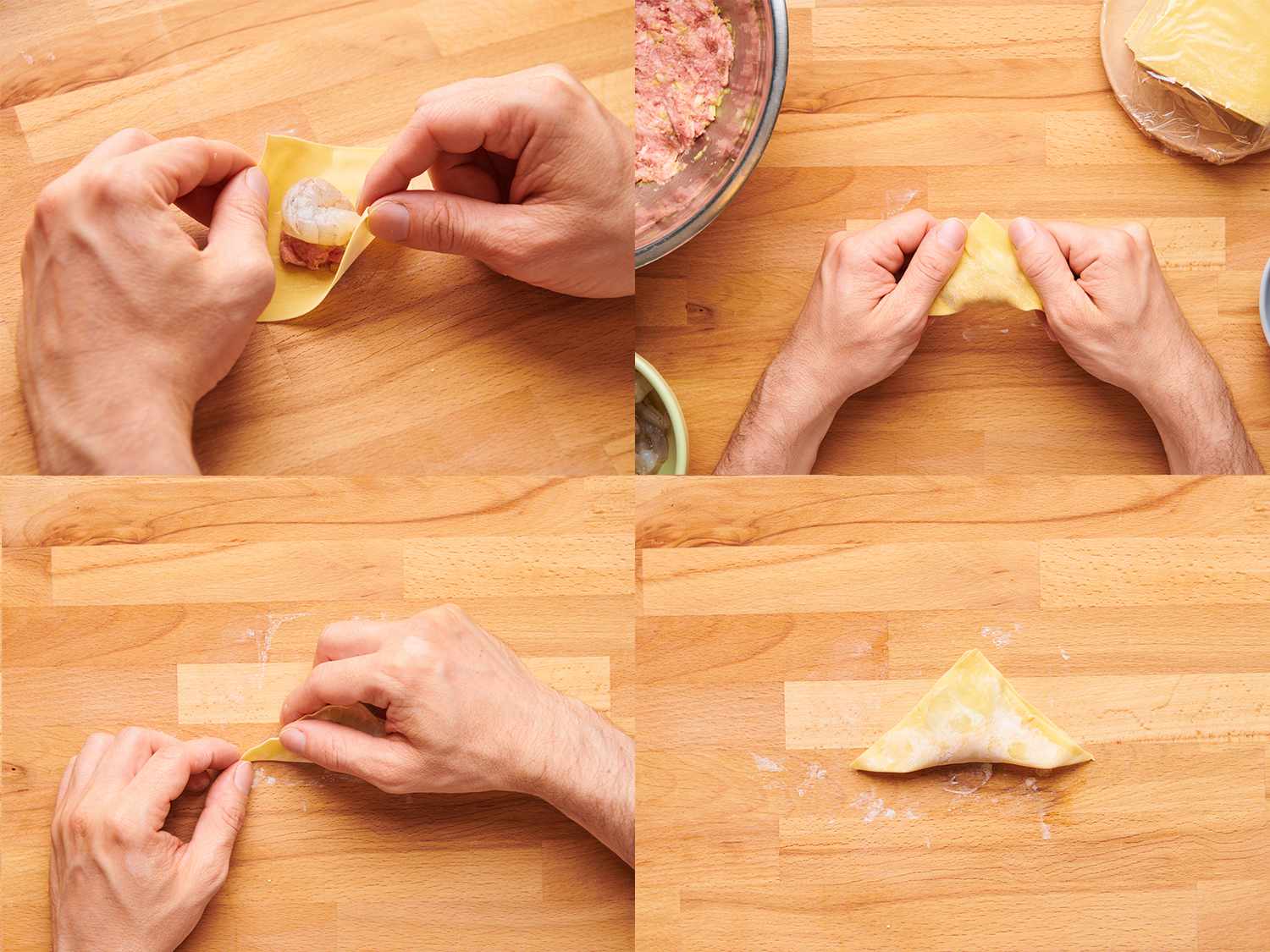 A four-image collage showing how to correctly fold the meat-topped wonton wrapper into a triangle. The top left image shows two hands folding opposite corners of the wonton together. The top right image shows the two hands now pressing the sides together. The bottom left image shows the two hands now squeezing together the bottom corner of each side of the triangle. The bottom right image shows a complete, triangle-shaped wonton on a wooden surface.