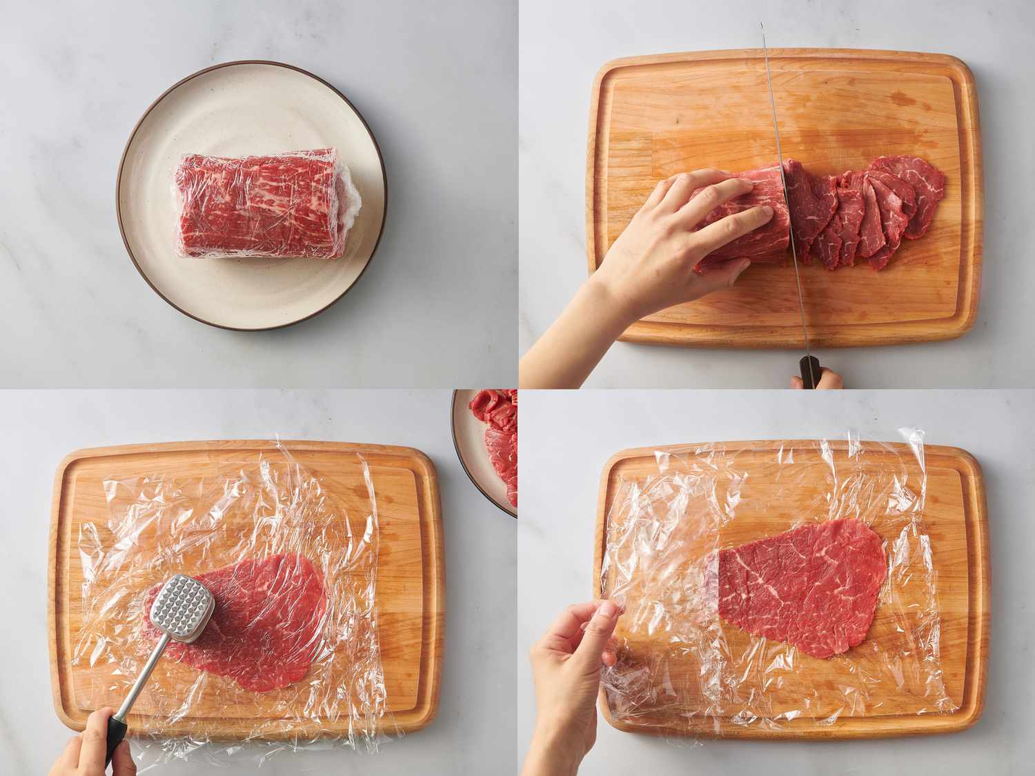 Chilled beef tenderloin in plastic wrap, Beef tenderloin cut across the grain, beef slices between plastic wrap, and Slices gently pounded thin