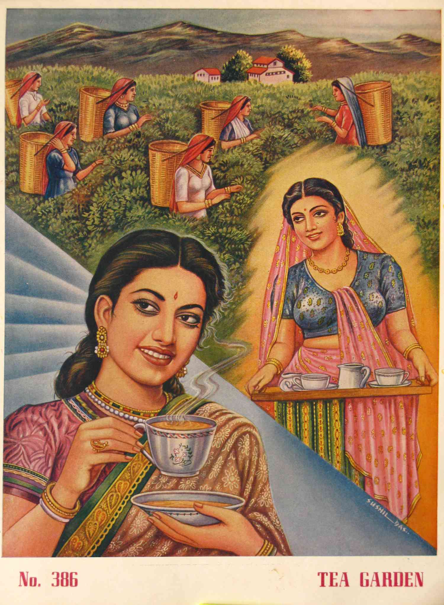 Tea advertisement featuring an idyllic, peaceful tea plantation.