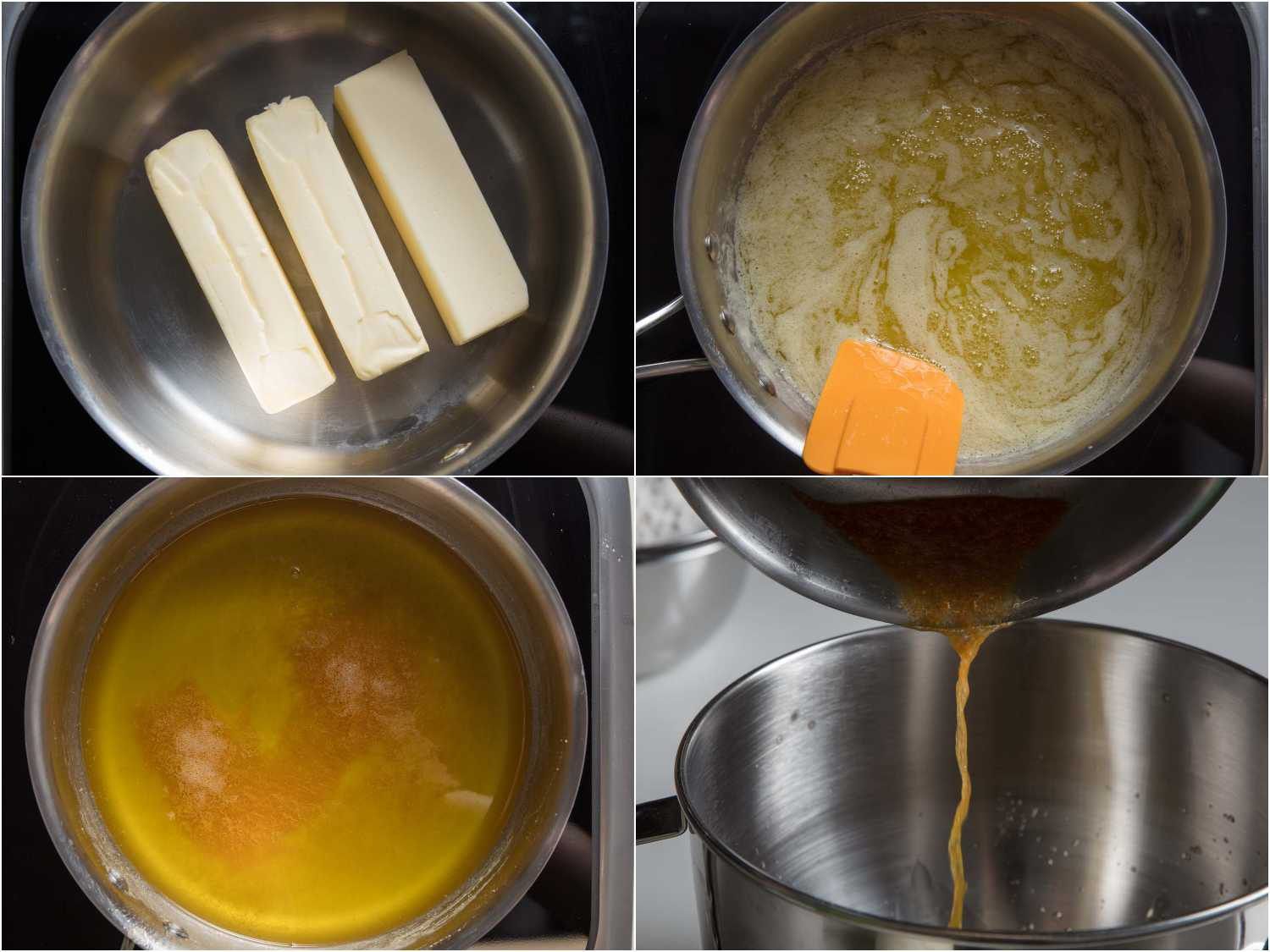 Collage of butter being melted and browned in a small saucepan.