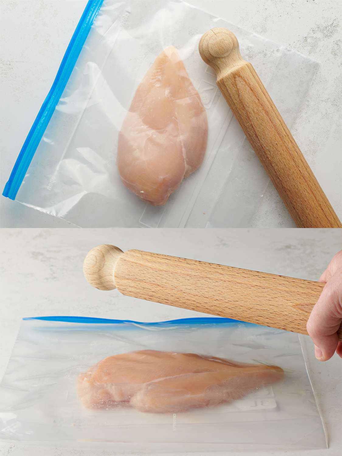 A two-image collage. The top image shows a boneless chicken breast in a sealed zipper lock bag with a rolling pin next to it. The bottom image shows the rolling pin about to flatten the chicken breast in the bag.