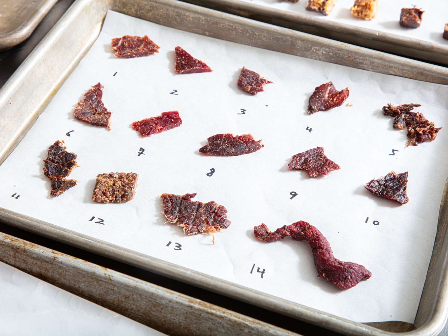 Assorted pieces of beef jerky numbered and arranged on a tray for a tasting test