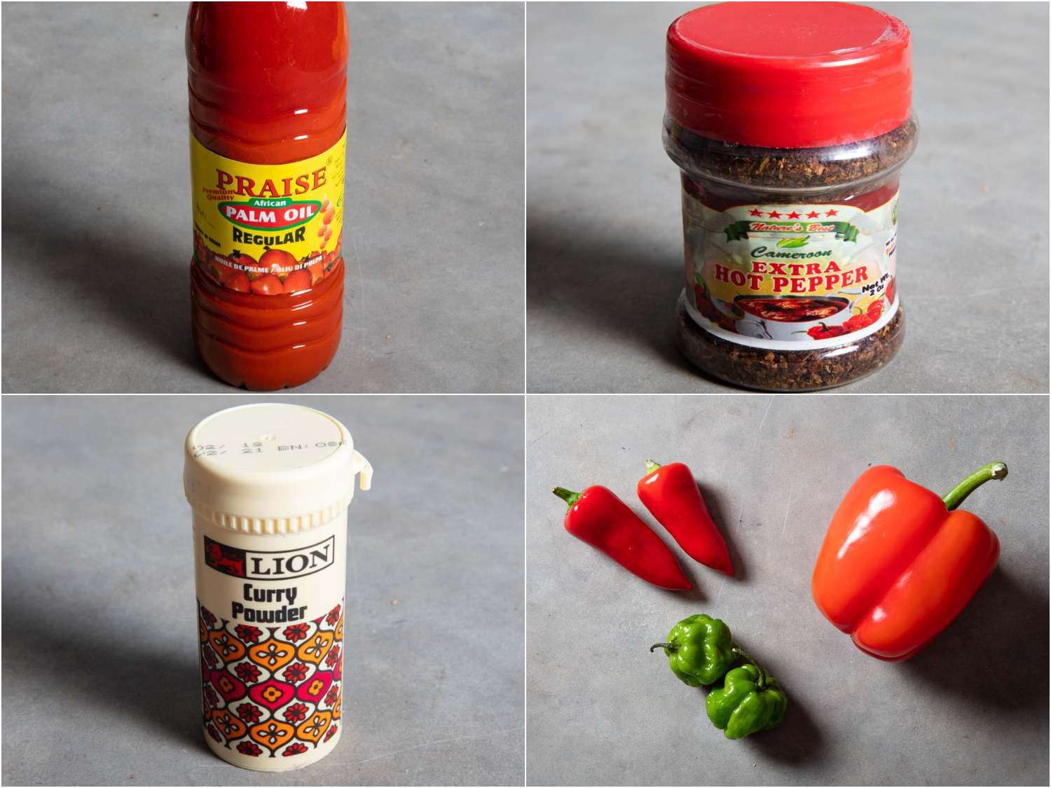 Some of the core ingredients in obe ata: palm oil, Cameroon pepper, both red peppers plus hot ones like habaneros and fresno chilies, and Nigerian curry powder.