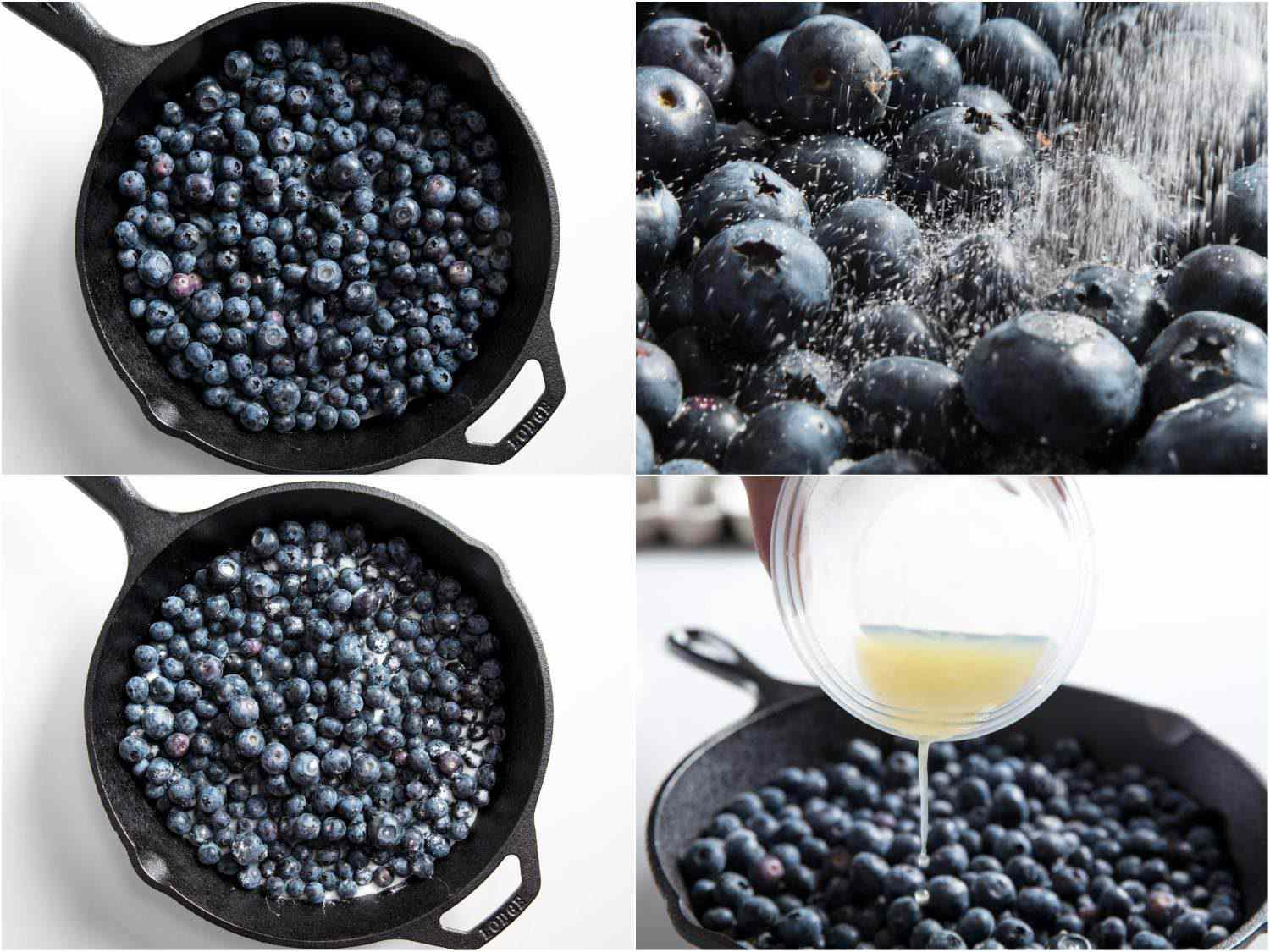A four-image collage of blueberries being added to the prepared skillet, tossed with sugar and salt, and doused with lemon juice.
