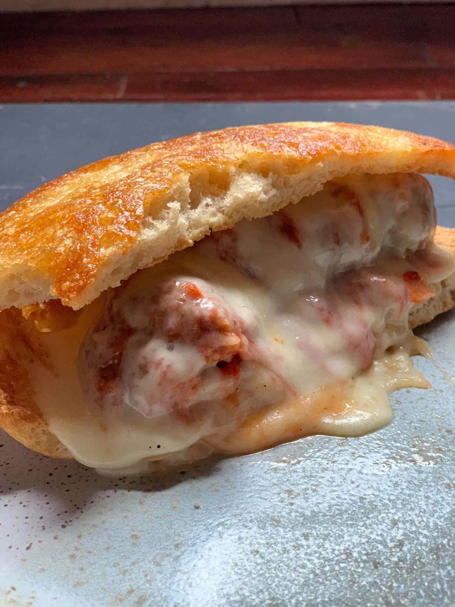 Meatball parm on no-knead focaccia