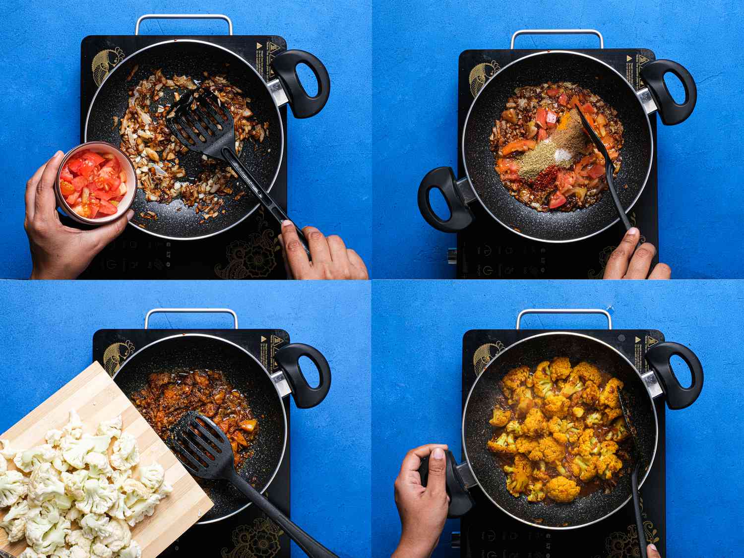 Four image collage of cooking onions with tomatoes, spices and cauliflower