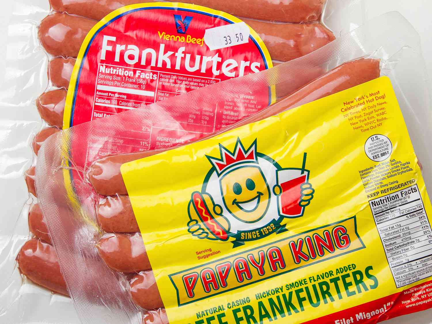 Packages of Vienna Beef hot dogs and Sabrett hot dogs. 