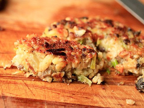 The interior of a browned, cooked veggie patty.
