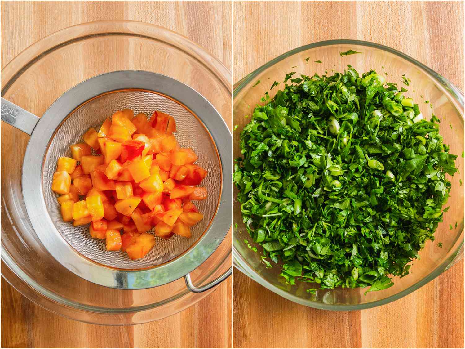 Salted tomatoes draining in a fine-mesh strainer.
