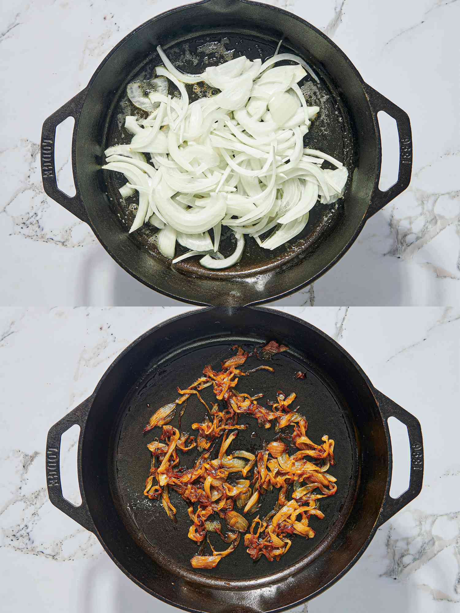 Two image collage of onions cooking in cast iron skillet