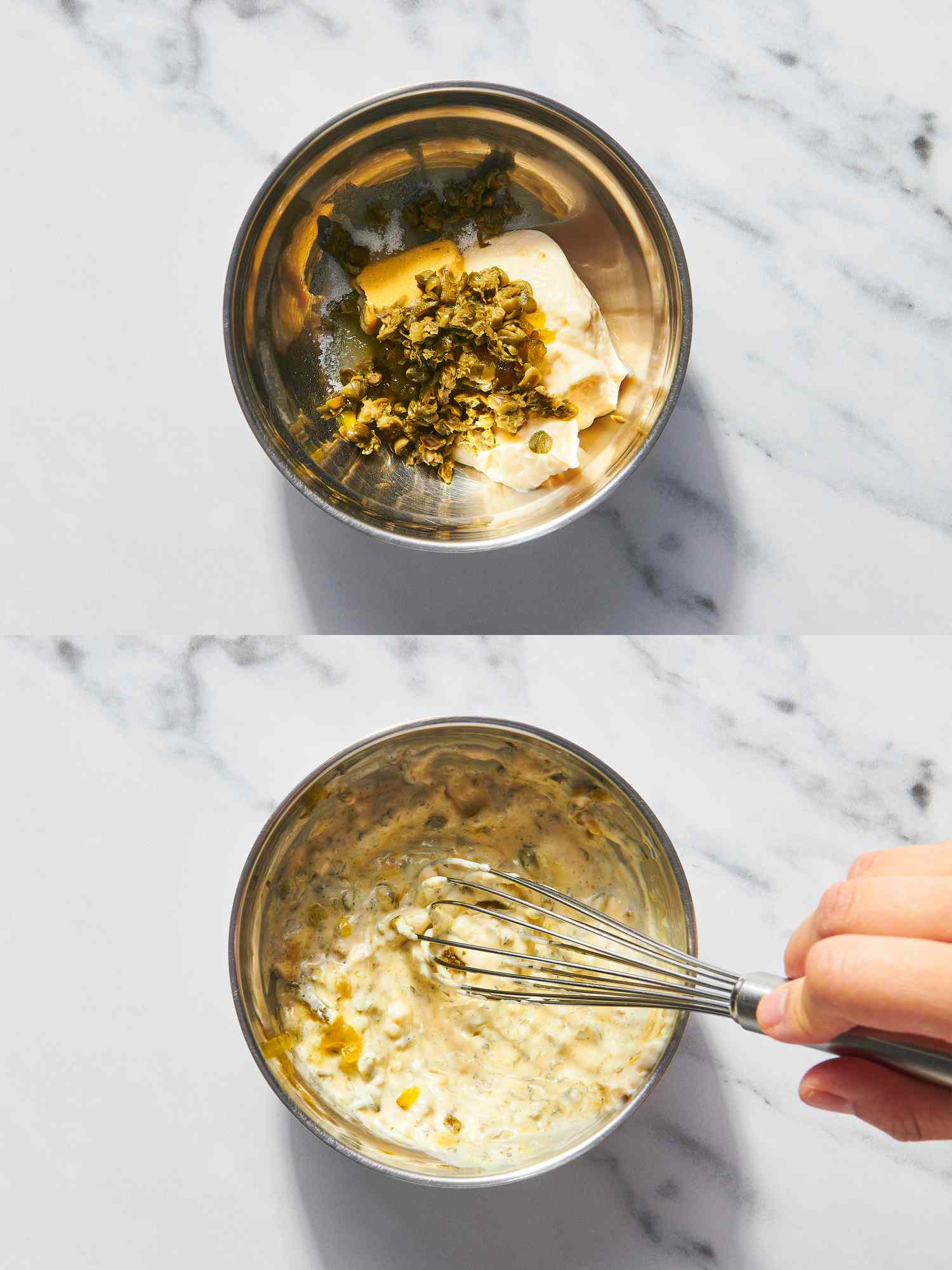 Two image collage of making capers sauce