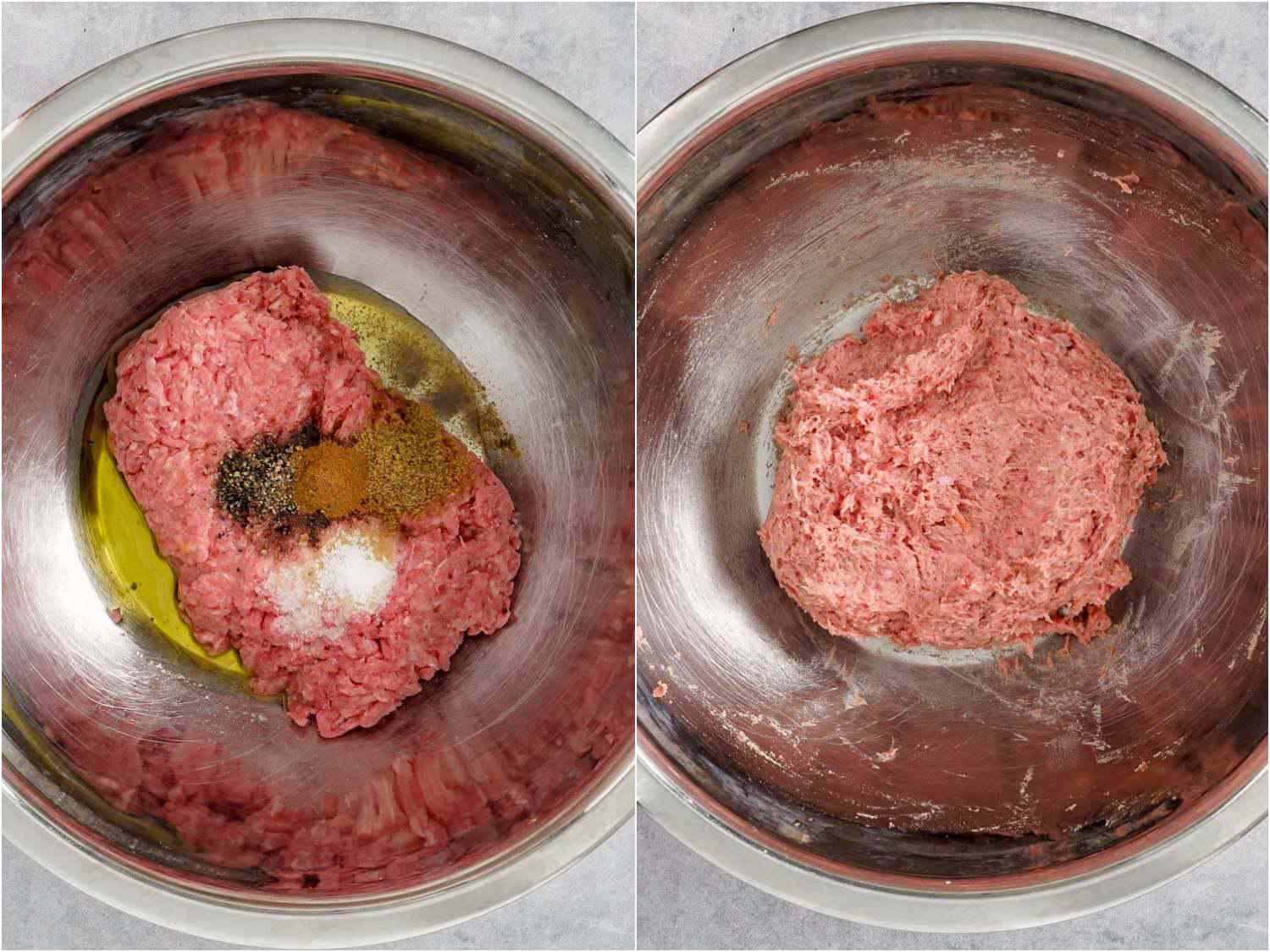 collage: mixing ground meat and spices into a homogenous sticky mixture