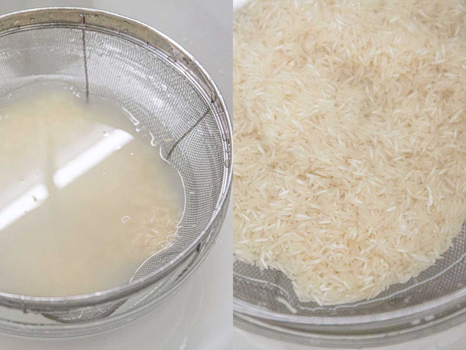Two image collage of rice, before and after being washed