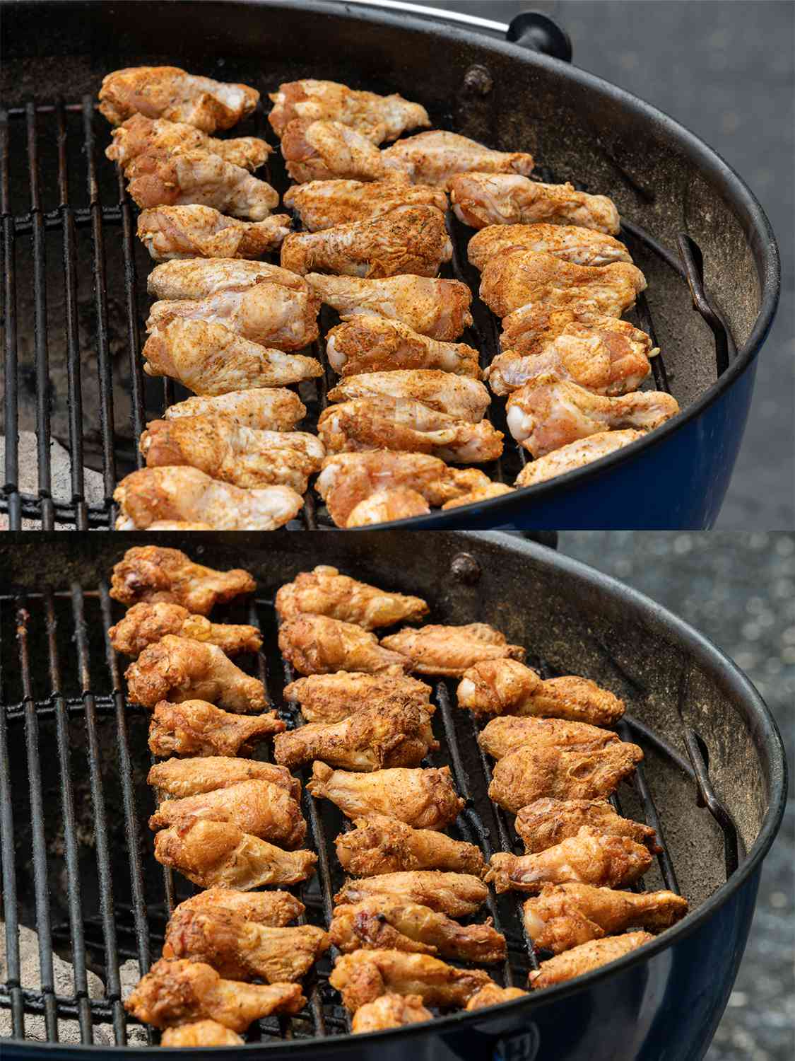 A two-image collage. The top image shows the chicken wings neatly lined up on the cool side of a black kettle charcoal grill. The bottom image shows the chicken wings, still lined up but now flipped over demonstrating that they've cooked.