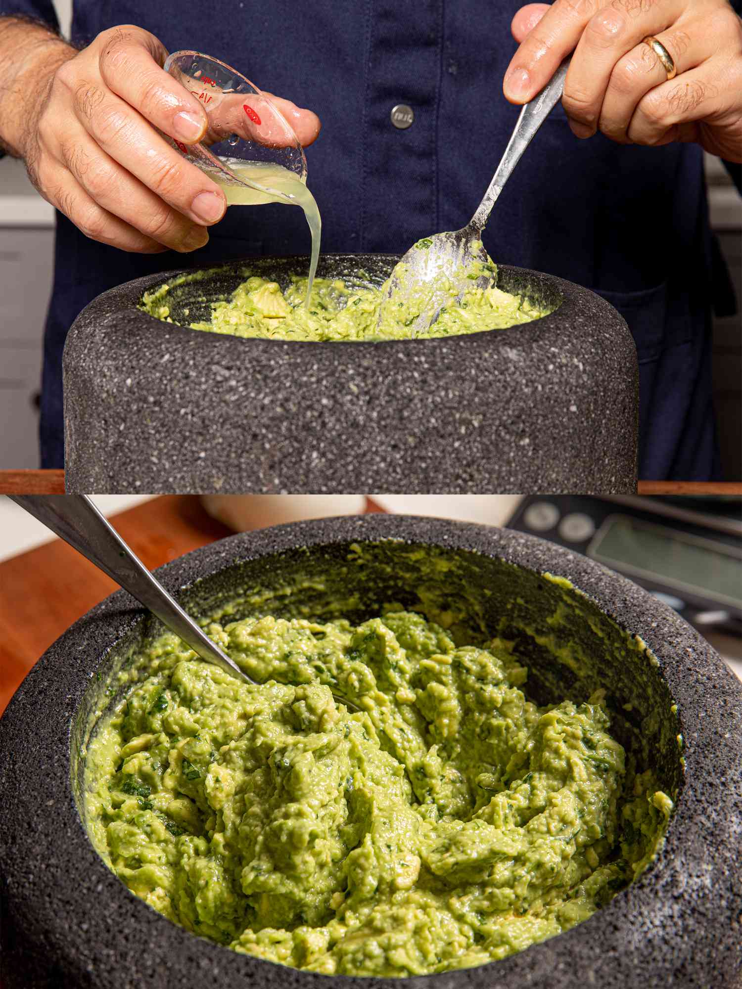 Two image collage of adding lemon and finished guacamole in molcajete