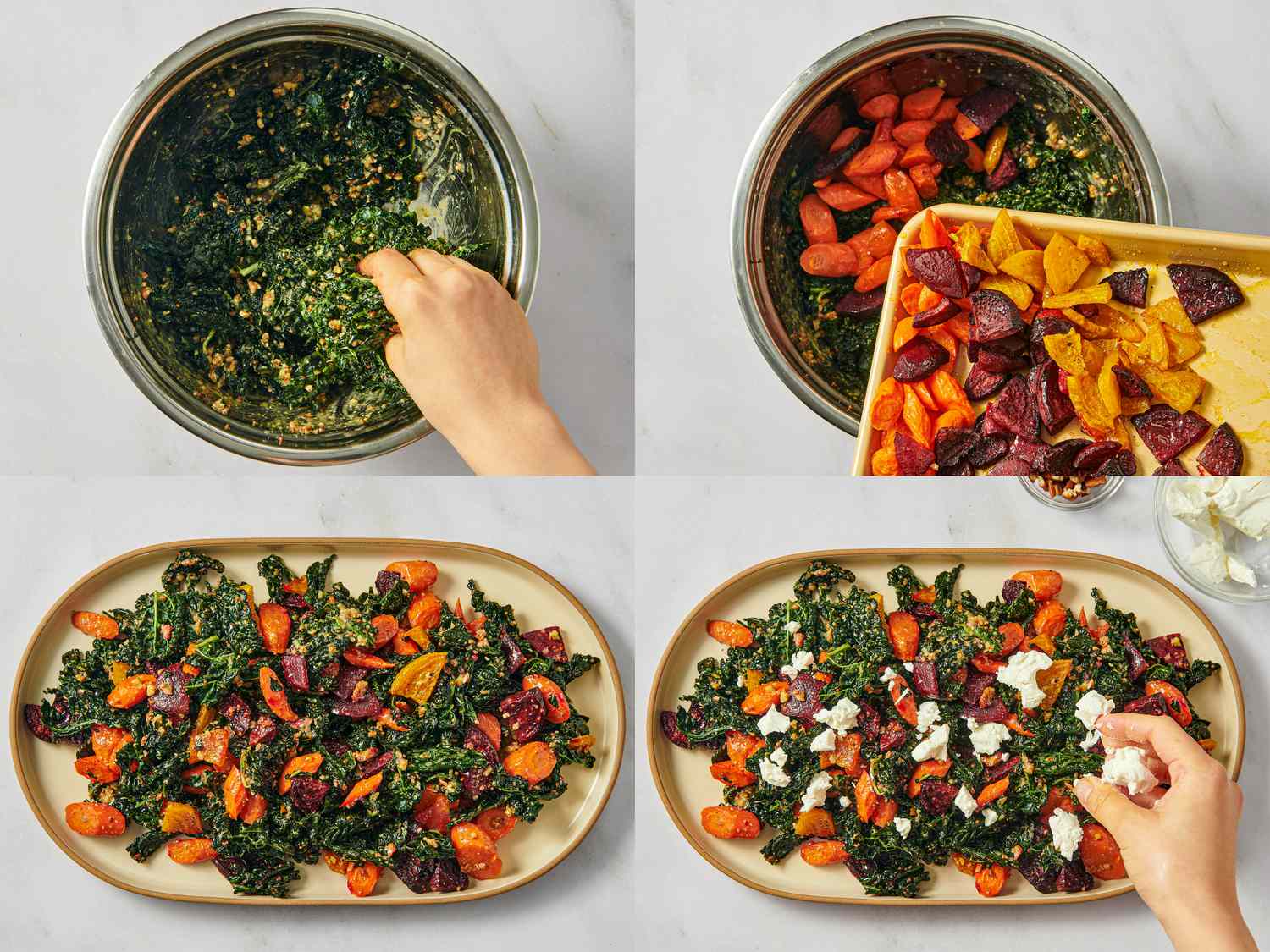Steps for preparing a kale and roasted root vegetable salad including mixing adding vegetables and topping with cheese