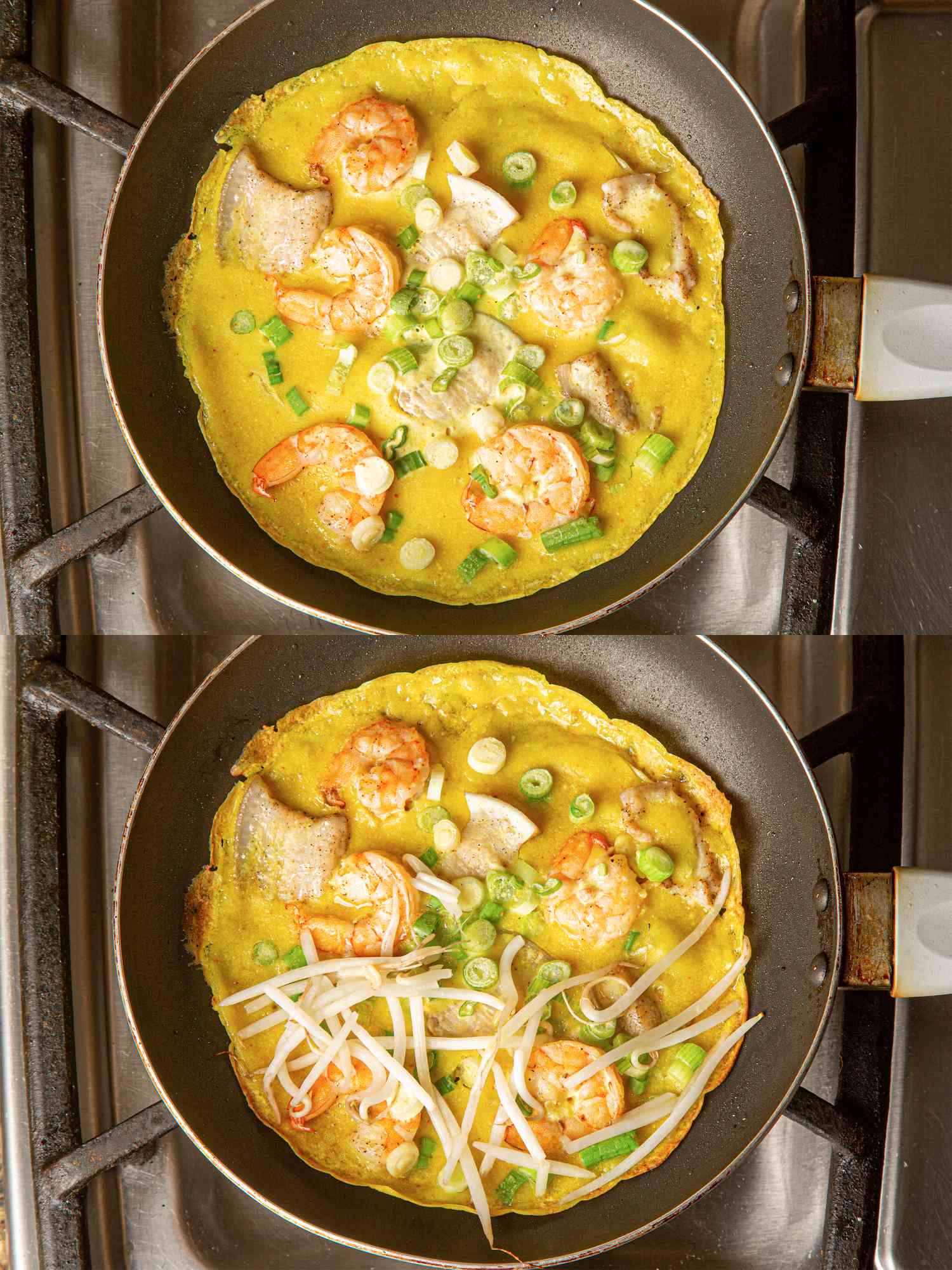 Two image collage of banh xeo mixture in pan before and after adding bean sprouts
