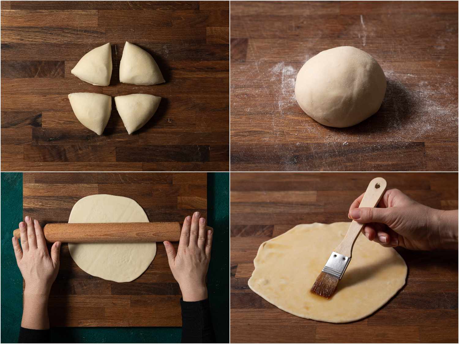 Scallion pancake dough being divided, rerolled into balls, flattened with a rolling pin, and painted with sesame oil.
