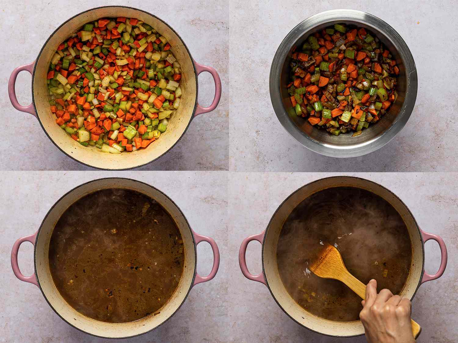 A four-image collage. The top left image shows chopped carrot, onion, celery, and garlic added to the Dutch oven after the beef has been removed. The top right image shows the vegetables, now lightly browned and transferred to a metal bowl. The bottom left image shows stock added to the Dutch oven. The bottom right image shows a wooden spatula stirring up fond from the bottom of the pot.