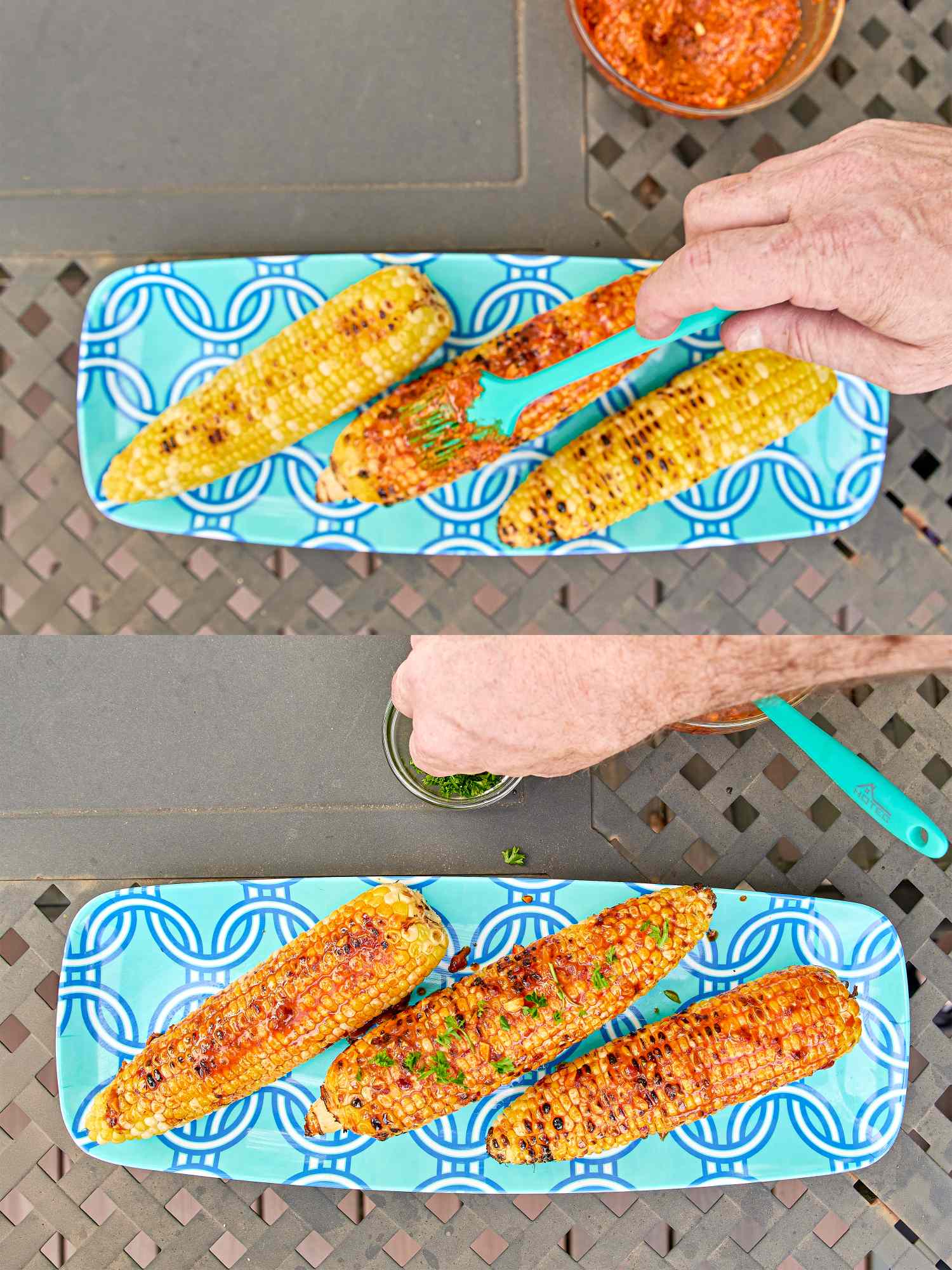 Grilled corn on a blue plate being brushed with harissa butter in two sequential steps