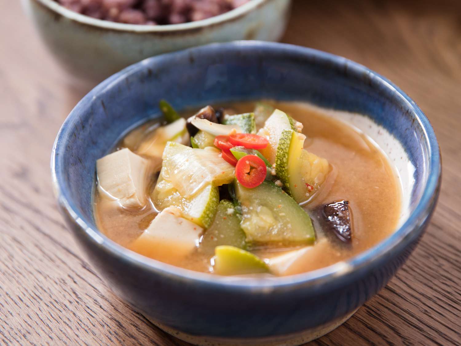 A bowl of doenjang jjigae, a Korean stew.