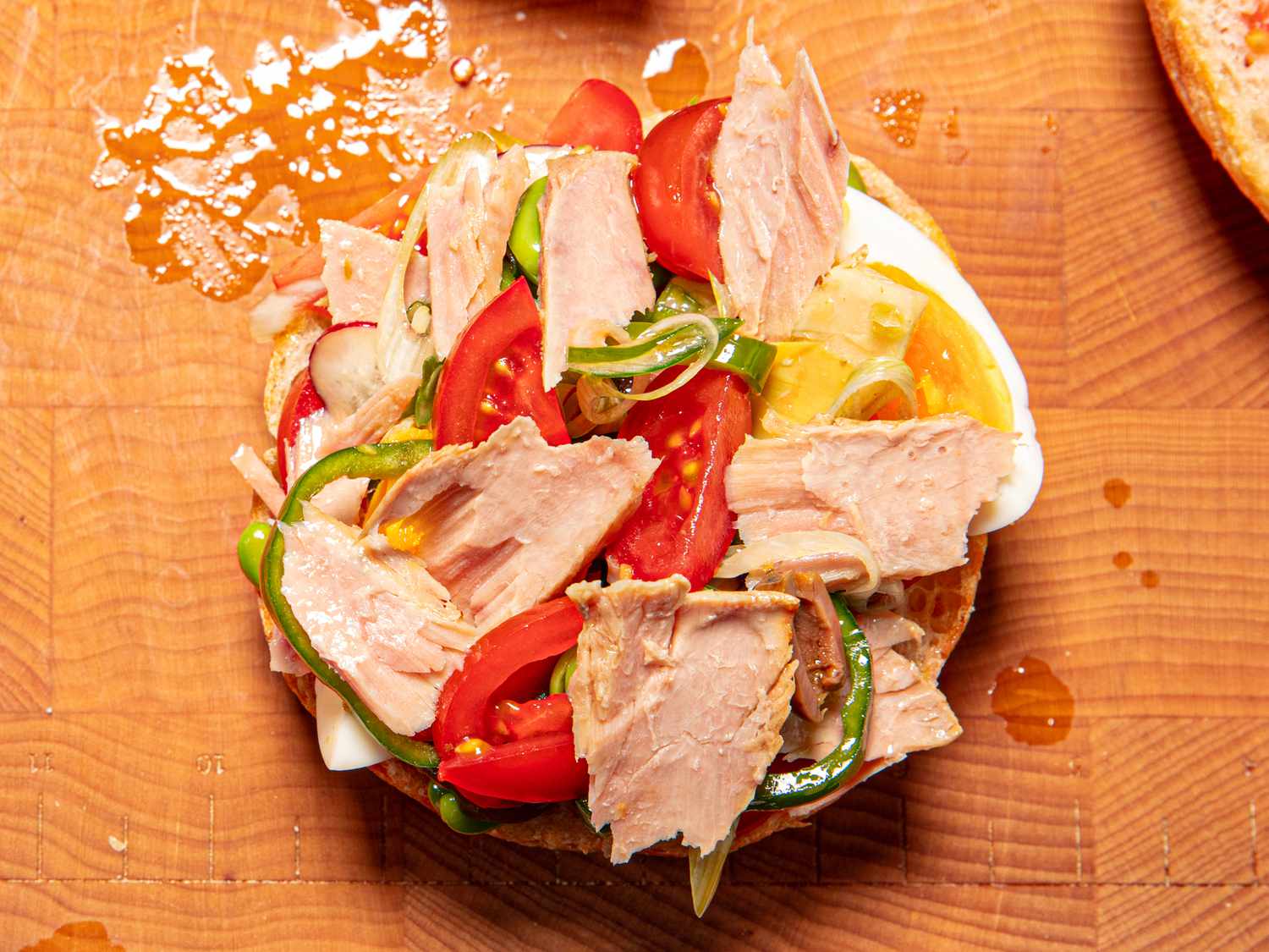 Overhead view of inside of pan bagnat 