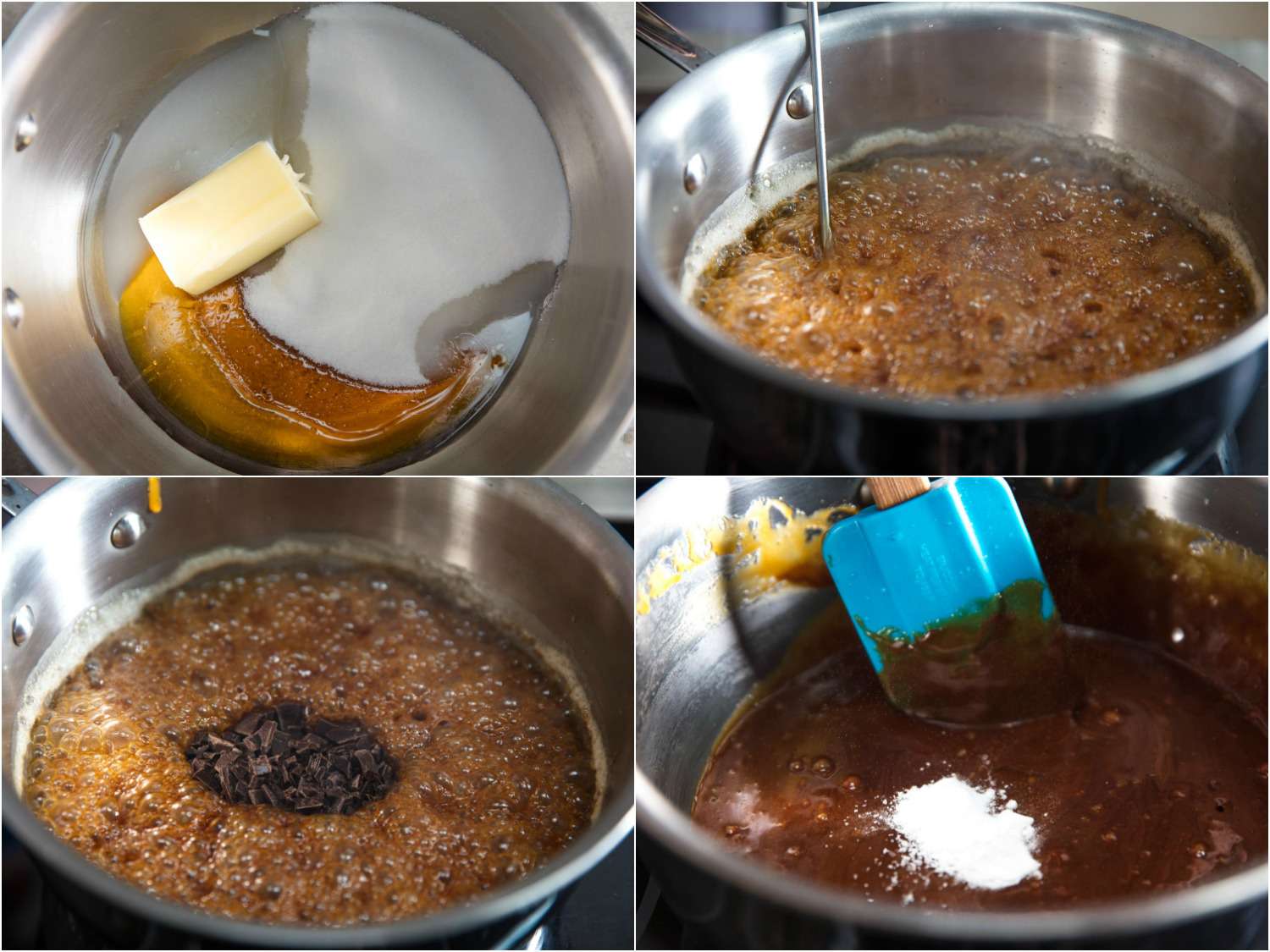 A four-image collage. The top left image shows butter, sugar, corn syrup in a pan. The top right image shows the mixture being melted, a clip on thermometer in the pan. The bottom left image shows the caramel bubbling in the pan. The bottom right image shows baking soda added to the caramel. 