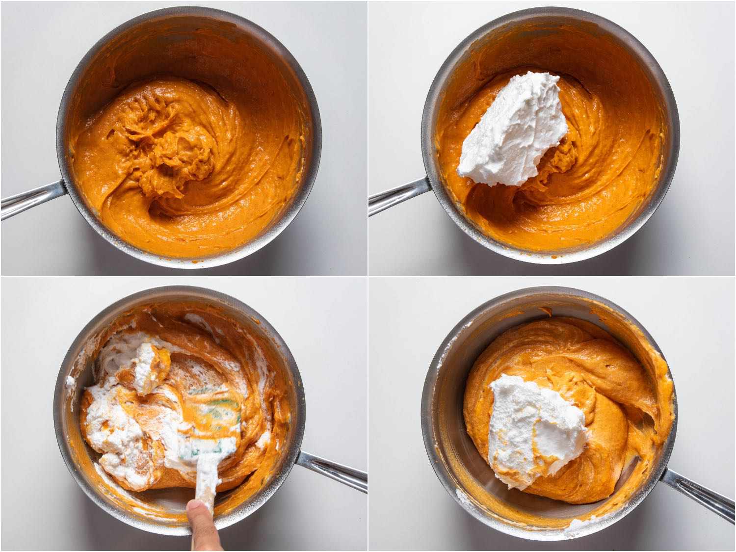 Collage showing Swiss meringue being folded into pumpkin chiffon filling