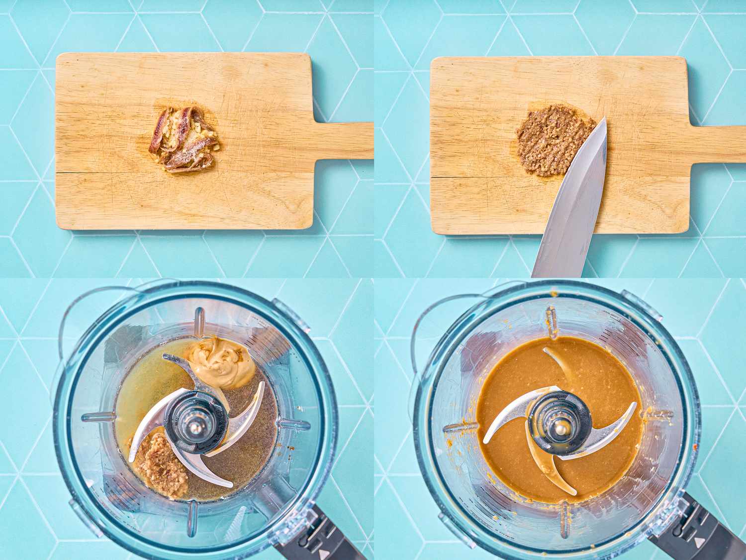 Four image collage of making anchovie mixture