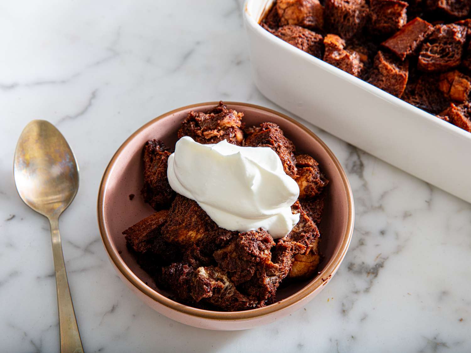 Overhead view of bread pudding